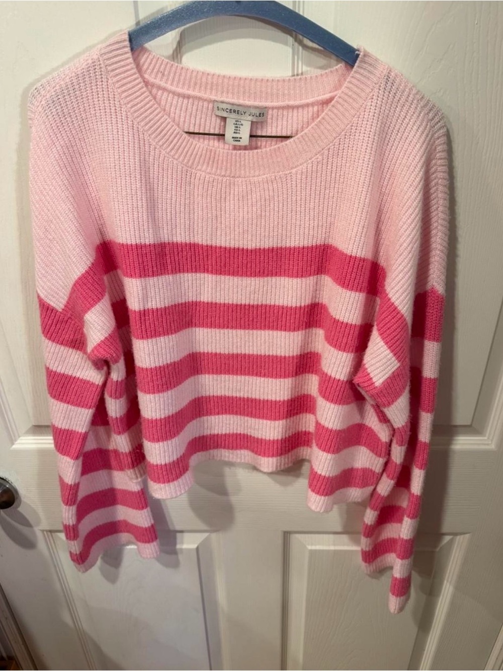 Sincerly Jules Pink Striped Ribbed Crewneck Sweater